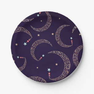 Mystical Purple Gold Filigree Moon Celestial Party Paper Plate