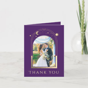 Mystical Purple Gold Sun Moon Stars Photo Wedding Thank You Card