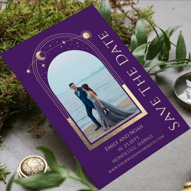 Mystical Purple Gold Sun Moon Stars Space Save The Date (Creator Uploaded)