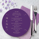 Mystical Purple Gold Sun Moon Stars Space Wedding Menu<br><div class="desc">Mystical Purple Gold Sun Moon Stars Space Wedding Menu Cards features simple gold stars on a purple background with your menu details in the centre in modern gold calligraphy script. Personalize by editing the text in the text boxes provided. Designed by Evco Studio www.zazzle.com/store/evcostudio</div>