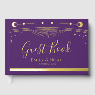 Mystical Purple Gold Sun Moon Stars Wedding Guest Book