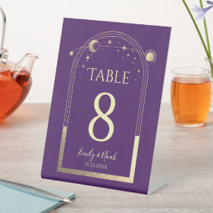 Mystical Purple Gold Sun Moon Stars Wedding Pedestal Sign