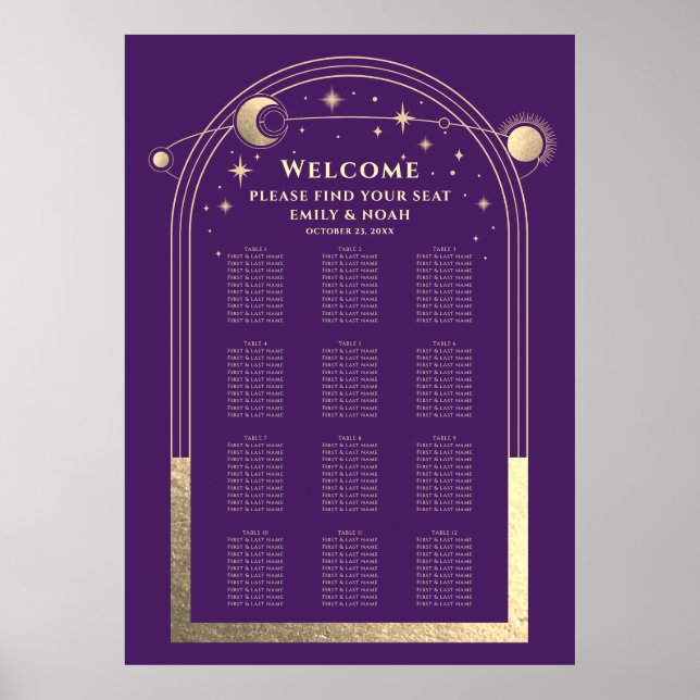 Mystical Purple Gold Sun Moon Stars Wedding Poster (Front)