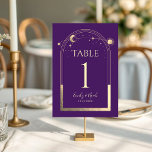 Mystical Purple Gold Sun Moon Stars Wedding Table Number<br><div class="desc">Mystical Purple Gold Sun Moon Stars Astronomy Wedding Table Numbers features a gold sun, moon and stars frame on a purple background. Inside is your custom table number information. Personalize by editing the text in the text boxes. NOTE: Please customize with table numbers one by one and add to cart...</div>