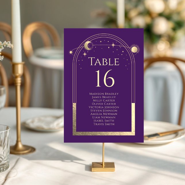Mystical Purple Gold Sun Moon Stars Wedding Table Number (Creator Uploaded)