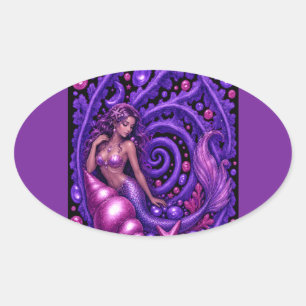 Mystical Purple Mermaid Fantasy Art Magical Ocea Oval Sticker