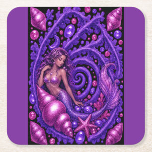 Mystical Purple Mermaid Fantasy Art   Magical Ocea Square Paper Coaster