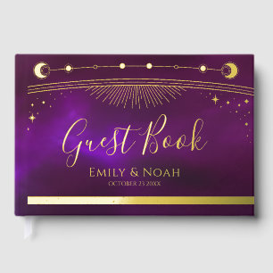 Mystical Purple Teal Gold Sun Moon Stars Wedding Guest Book