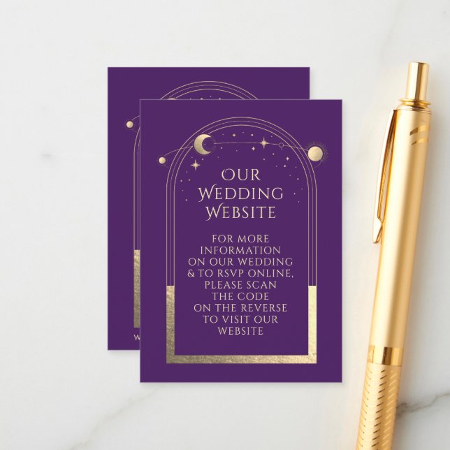 Mystical Purple Wedding Website RSVP QR Code Enclosure Card (Front/Back In Situ)