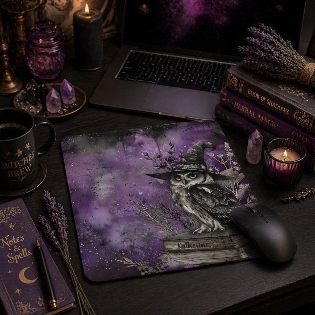 Mystical Purple Witchy Owl Art Custom Name Mouse Pad (Creator Uploaded)