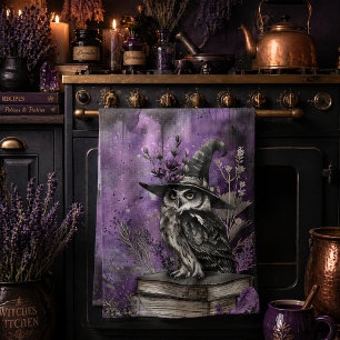 Mystical Purple Witchy Owl Art Kitchen Towel