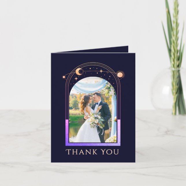Mystical Rainbow Blue Sun Moon Stars Photo Wedding Thank You Card (Front)