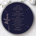 Mystical Rainbow Blue Sun Moon Stars Space Wedding Menu<br><div class="desc">Mystical Rainbow Dark Navy Blue Sun Moon Stars Space Cosmic Astronomy Celestial Wedding Menu Cards features simple stars on a dark navy blue background with your menu details in the centre in modern peach calligraphy script. Personalize by editing the text in the text boxes provided. Designed by Evco Studio www.zazzle.com/store/evcostudio...</div>