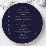 Mystical Rainbow blue Sun Moon Stars Space Wedding Menu<br><div class="desc">Mystical Rainbow Dark Navy Blue Sun Moon Stars Space Cosmic Astronomy Celestial Wedding Menu Cards features simple gold stars on a dark navy blue background with your menu details in the centre in modern peach calligraphy script. Personalize by editing the text in the text boxes provided. Designed by ©2024 Evco...</div>