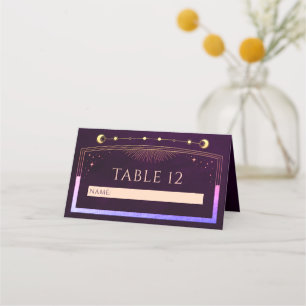 Mystical Rainbow Deep Plum Sun Moon Stars Wedding Place Card