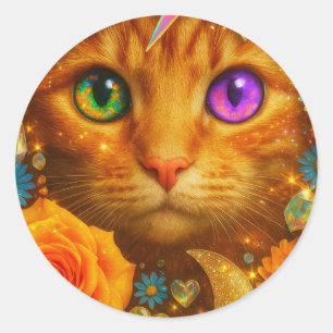 Mystical Rainbow Eyed Cat Floral Dream             Classic Round Sticker