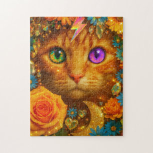 Mystical Rainbow Eyed Cat Floral Dream Jigsaw Puzzle