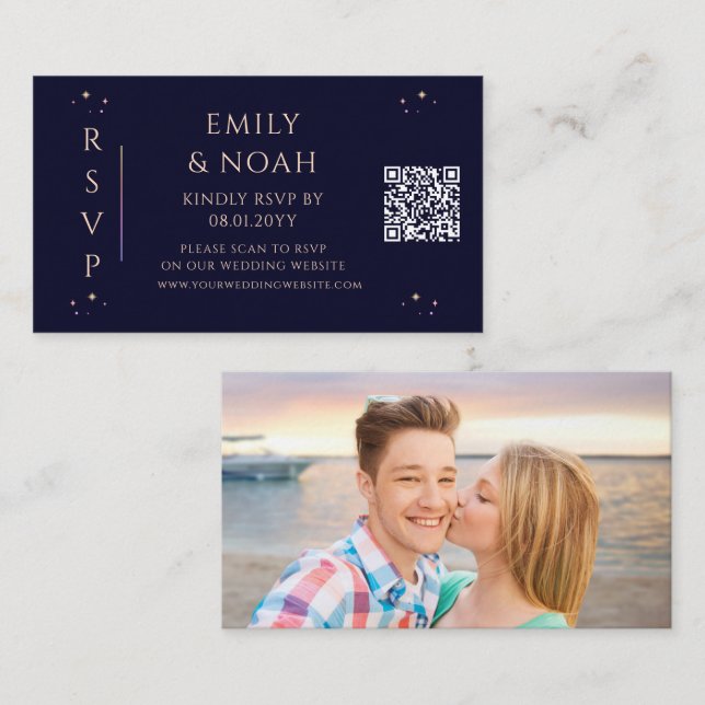 Mystical Rainbow Navy Blue Budget QR Code RSVP Enclosure Card (Front/Back)