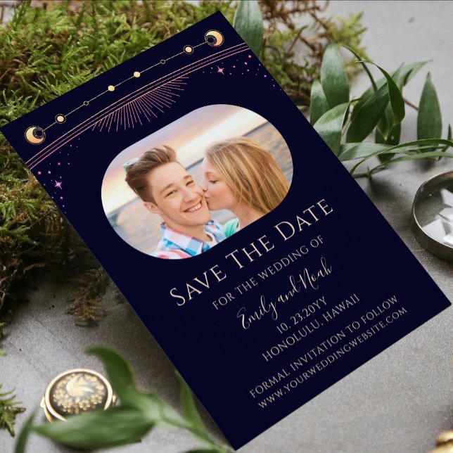 Mystical Rainbow Navy Blue Sun Moon Star Space Save The Date (Creator Uploaded)