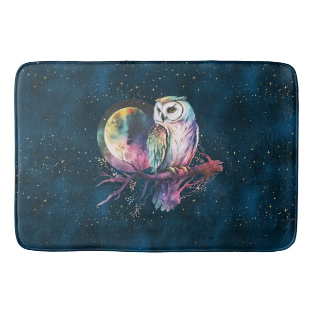 Mystical Rainbow Owl and Full Moon Celestial Bath Mat (Front)