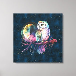 Mystical Rainbow Owl and Full Moon Celestial Canvas Print