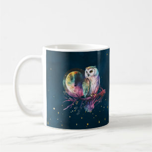 Mystical Rainbow Owl and Full Moon Celestial Coffee Mug