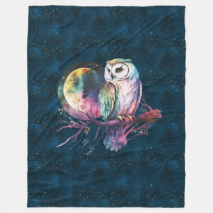Mystical Rainbow Owl and Full Moon Celestial Fleece Blanket