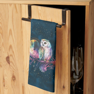 Mystical Rainbow Owl and Full Moon Celestial Kitchen Towel