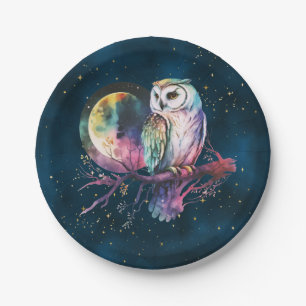 Mystical Rainbow Owl and Full Moon Celestial Paper Plate