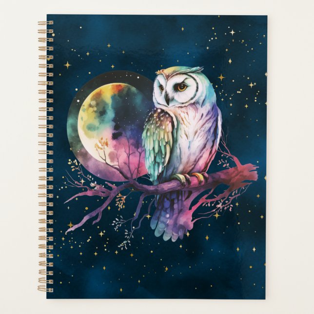 Mystical Rainbow Owl and Full Moon Celestial Planner (Front)