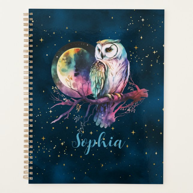 Mystical Rainbow Owl and Full Moon Celestial Planner (Front)