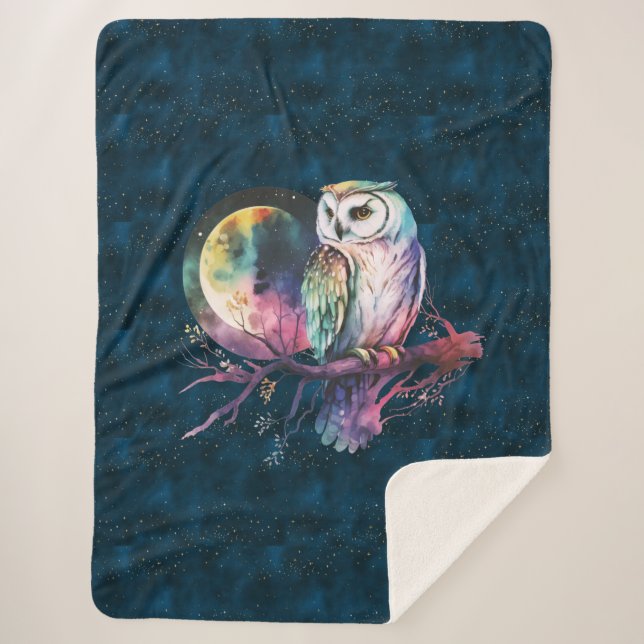 Mystical Rainbow Owl and Full Moon Celestial Sherpa Blanket (Front)