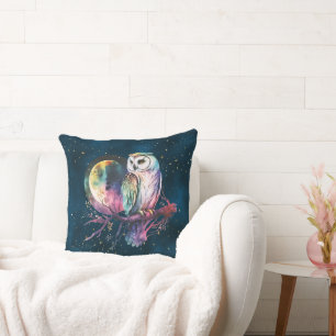 Mystical Rainbow Owl and Full Moon Celestial Throw Pillow