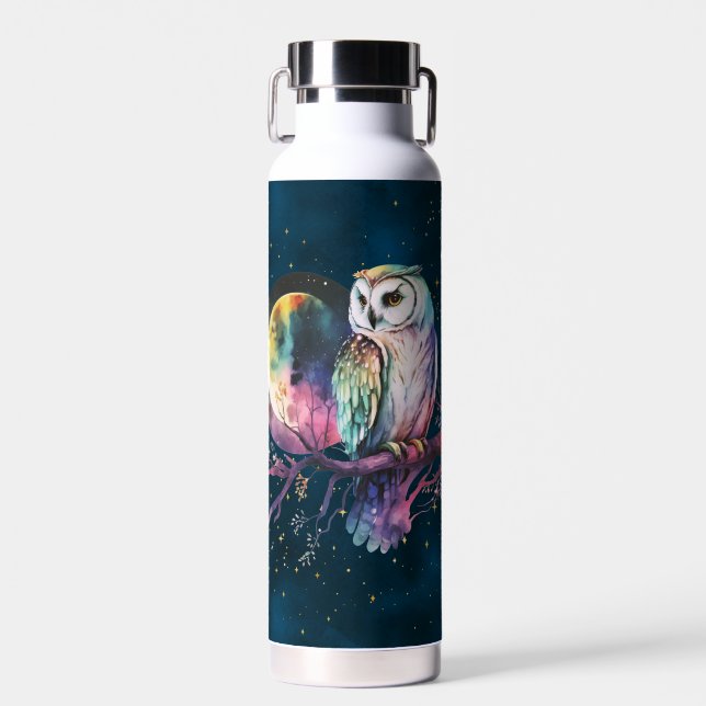 Mystical Rainbow Owl and Full Moon Celestial Water Bottle (Front)