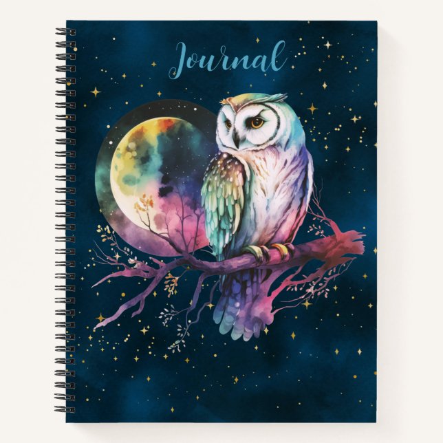 Mystical Rainbow Owl & Full Moon Celestial Journal (Front)