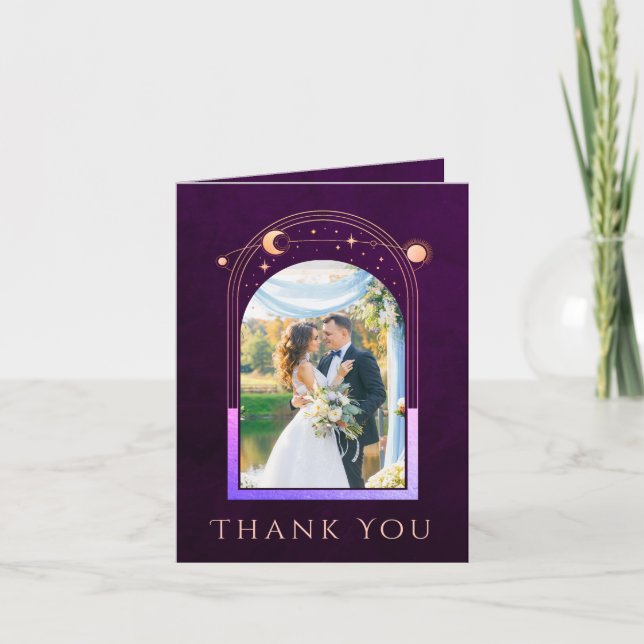 Mystical Rainbow Plum Sun Moon Stars Photo Wedding Thank You Card (Front)