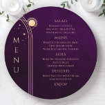 Mystical Rainbow Plum Sun Moon Stars Space Wedding Menu<br><div class="desc">Mystical Rainbow Plum Sun Moon Stars Space Cosmic Astronomy Celestial Wedding Menu Cards features simple golden stars on a deep plum background with your menu details in the centre in modern peach calligraphy script. Personalize by editing the text in the text boxes provided. Designed by Evco Studio www.zazzle.com/store/evcostudio</div>