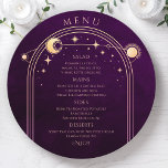Mystical Rainbow Plum Sun Moon Stars Space Wedding Menu<br><div class="desc">Mystical Rainbow Plum Sun Moon Stars Space Cosmic Astronomy Celestial Wedding Menu Cards features a golden sun, moon and stars frame on a deep plum background with your menu details in the centre in modern peach calligraphy script. Personalize by editing the text in the text boxes provided. Designed for you...</div>
