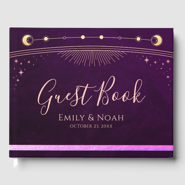 Mystical Rainbow Plum Sun Moon Stars Wedding  Guest Book (Front)