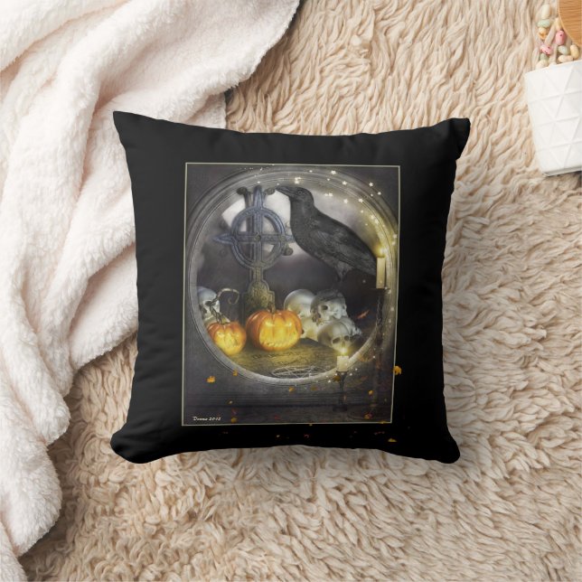 Mystical Raven Bird Black Throw Pillow (Blanket)