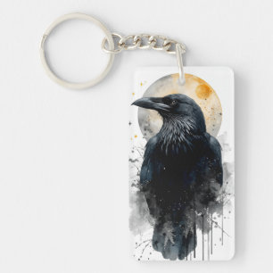 Mystical Raven Watercolor Art Gothic Moon Crow I Keychain