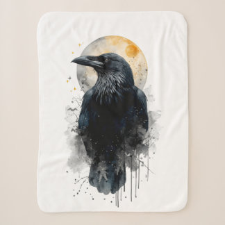 Mystical Raven Watercolor Art | Gothic Moon Crow I Sherpa Blanket