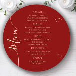 Mystical Red Gold Sun Moon Stars Space Wedding Menu<br><div class="desc">Mystical Dark Red Gold Sun Moon Stars Space Wedding Menu Cards features simple gold stars on a dark red background with your menu details in the centre in modern gold calligraphy script. Personalize by editing the text in the text boxes provided. Designed by Evco Studio www.zazzle.com/store/evcostudio</div>