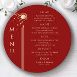 Mystical Red Gold Sun Moon Stars Space Wedding Menu<br><div class="desc">Mystical Dark Red Gold Sun Moon Stars Space Wedding Menu Cards features simple gold stars on a dark red background with your menu details in the centre in modern gold calligraphy script. Personalize by editing the text in the text boxes provided. Designed by Evco Studio www.zazzle.com/store/evcostudio</div>