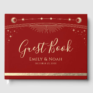 Mystical Red Gold Sun Moon Stars Wedding Guest Book