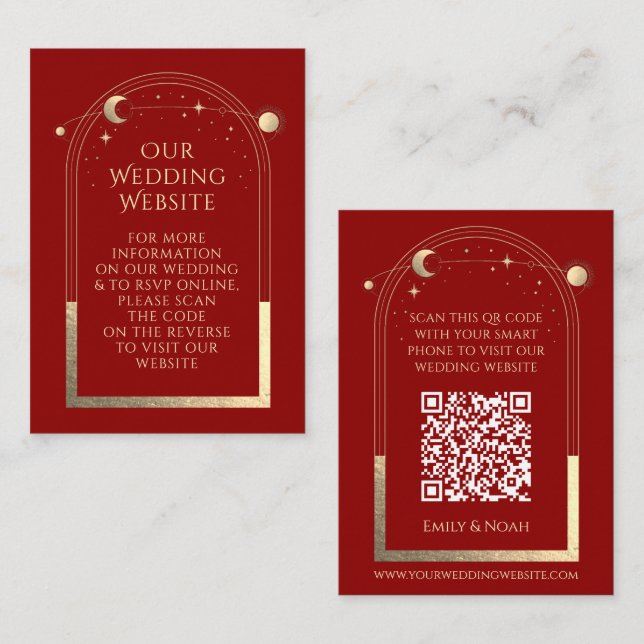 Mystical Red Gold Wedding Website RSVP QR Code Enclosure Card (Front/Back)