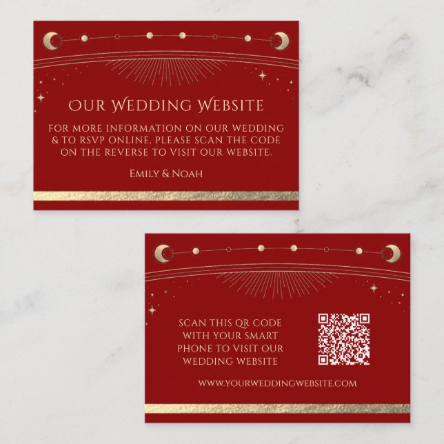 Mystical Red Gold Wedding Website RSVP QR Code Enclosure Card (Front/Back)