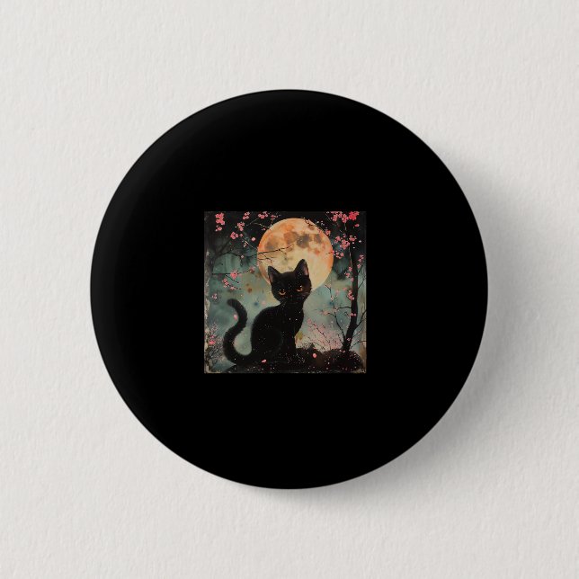 Mystical Red Moon with Black Cat and Sakura  2 Inch Round Button (Front)
