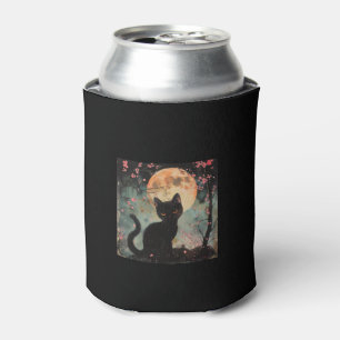 Mystical Red Moon with Black Cat and Sakura  Can Cooler