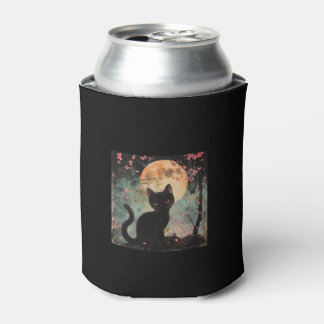 Mystical Red Moon with Black Cat and Sakura Can Cooler